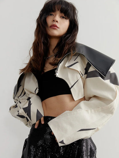 DEAT Fashion Women's Spliced Edge Contrasting Short Jackets Big Lapel Zipper Long Sleeve Short Coat Autumn  New 1DF6153