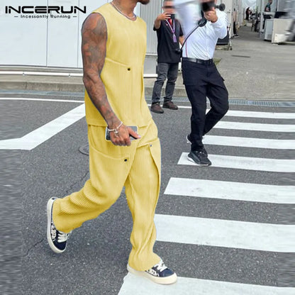 INCERUN Men Sets Solid Color Streetwear O-neck Sleeveless Tank Tops & Pants 2PCS Summer Loose Fashion Men's Casual Suits S-2XL