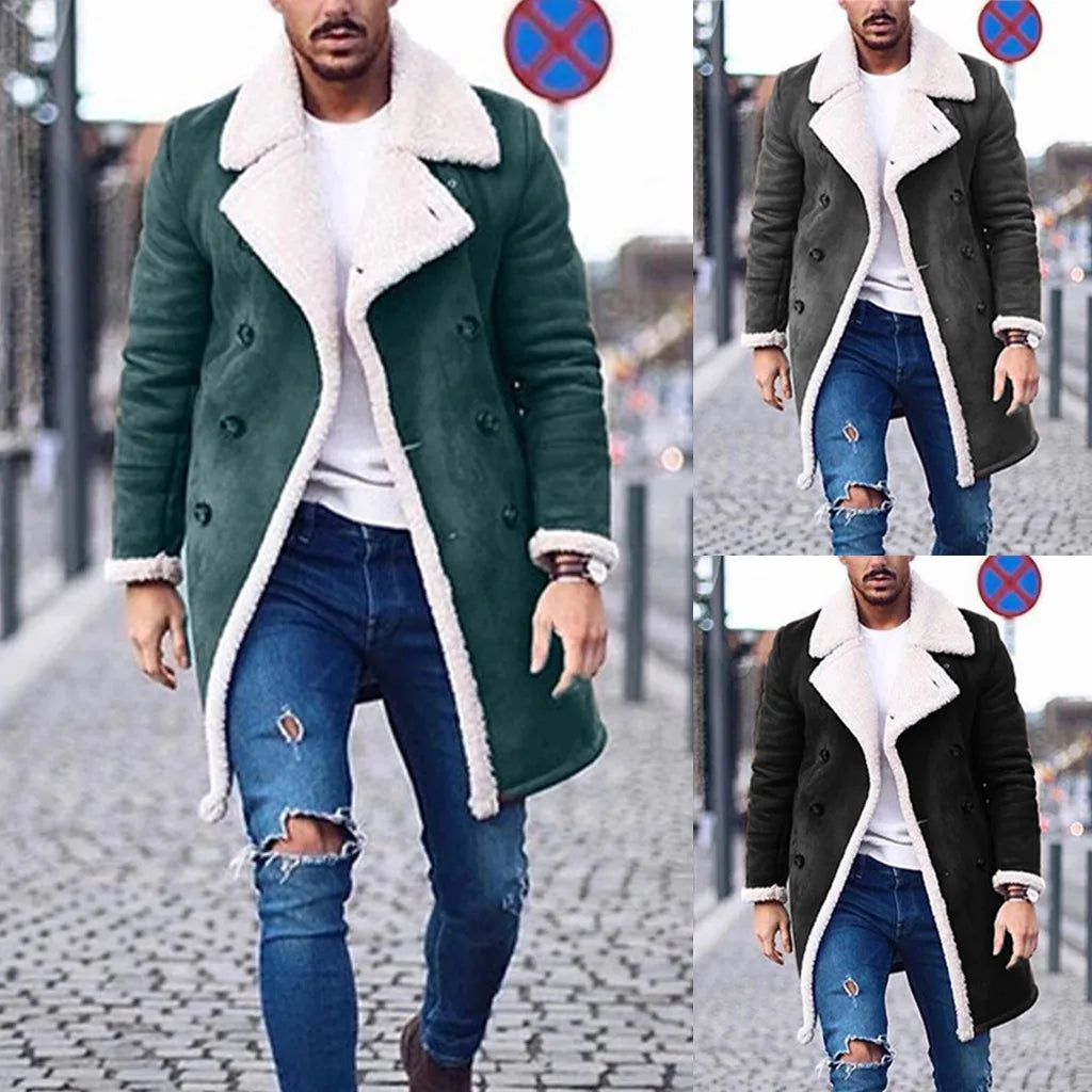 2023 Winter Men Clothing Warm Coat Polar Fleece Thicken Long Jacket Imitation Suede Casual Men’s Overcoat Long Sleeve Male Tops