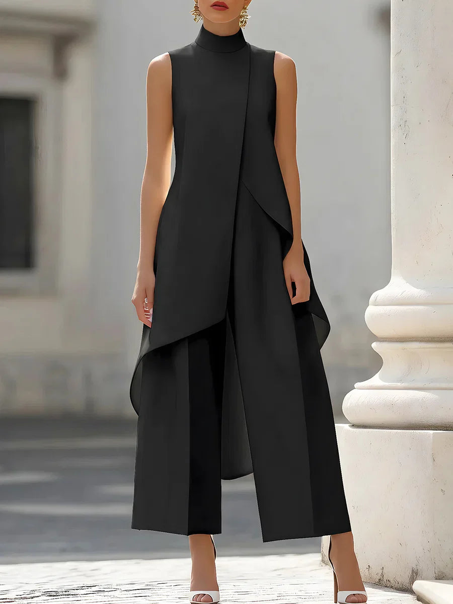 Sleeveless High Neck Jumpsuit With Asymmetric Draped Overlay Wide Leg Culottes Elegant Formal Evening Wear For Women