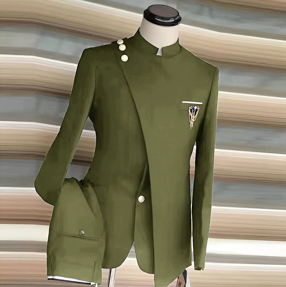 African Style Men's Suit 2 Piece Set Single Breasted Blazer Groom Wedding Tuxedo Gold Button Design Formal Jacket Pants 2 Piece