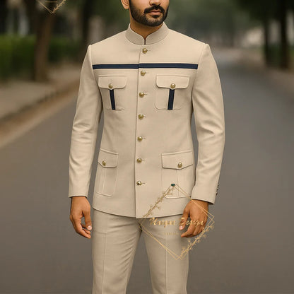 Ivory Formal Safari Suit Custom Made Indian Menswear for Wedding Groom Men's 2pcs Set Jacket Pants Slim Fit Party Dress