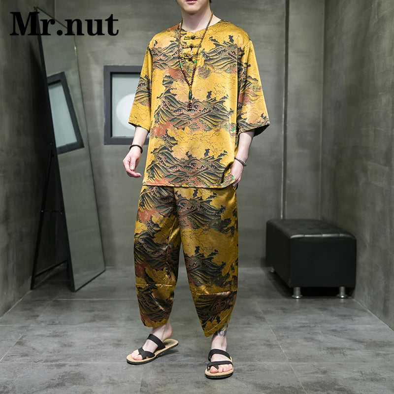 Mr.nut Summer Ice Silk Men's Tang Suit Two Piece Set T Shirt Harem Pants Clothing Women Stylish Vacation Cool Clothes Streetwear