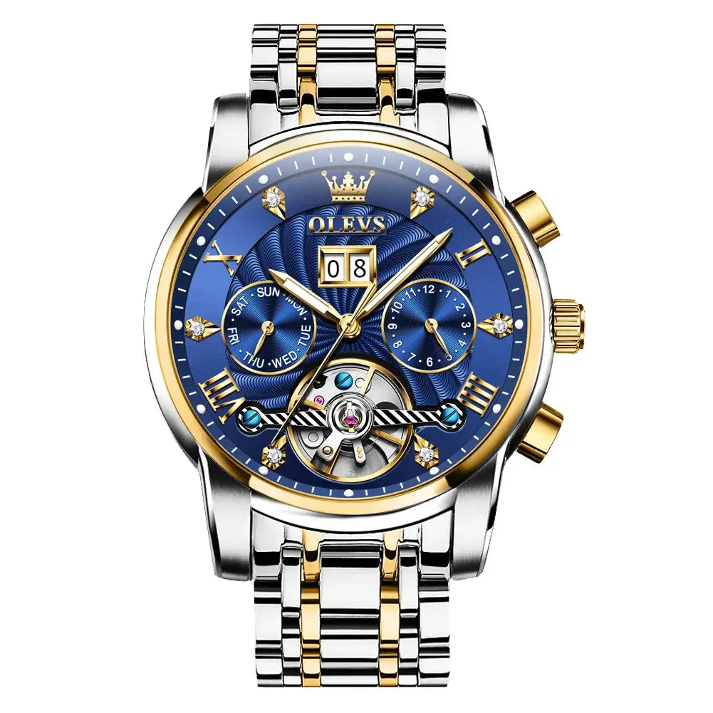 OLEVS Classic Men's Watches Tourbillon Multi-function Full Automatic Men Watch High end Male Wristwatches Mechanical Watch 9910 in gold blue.