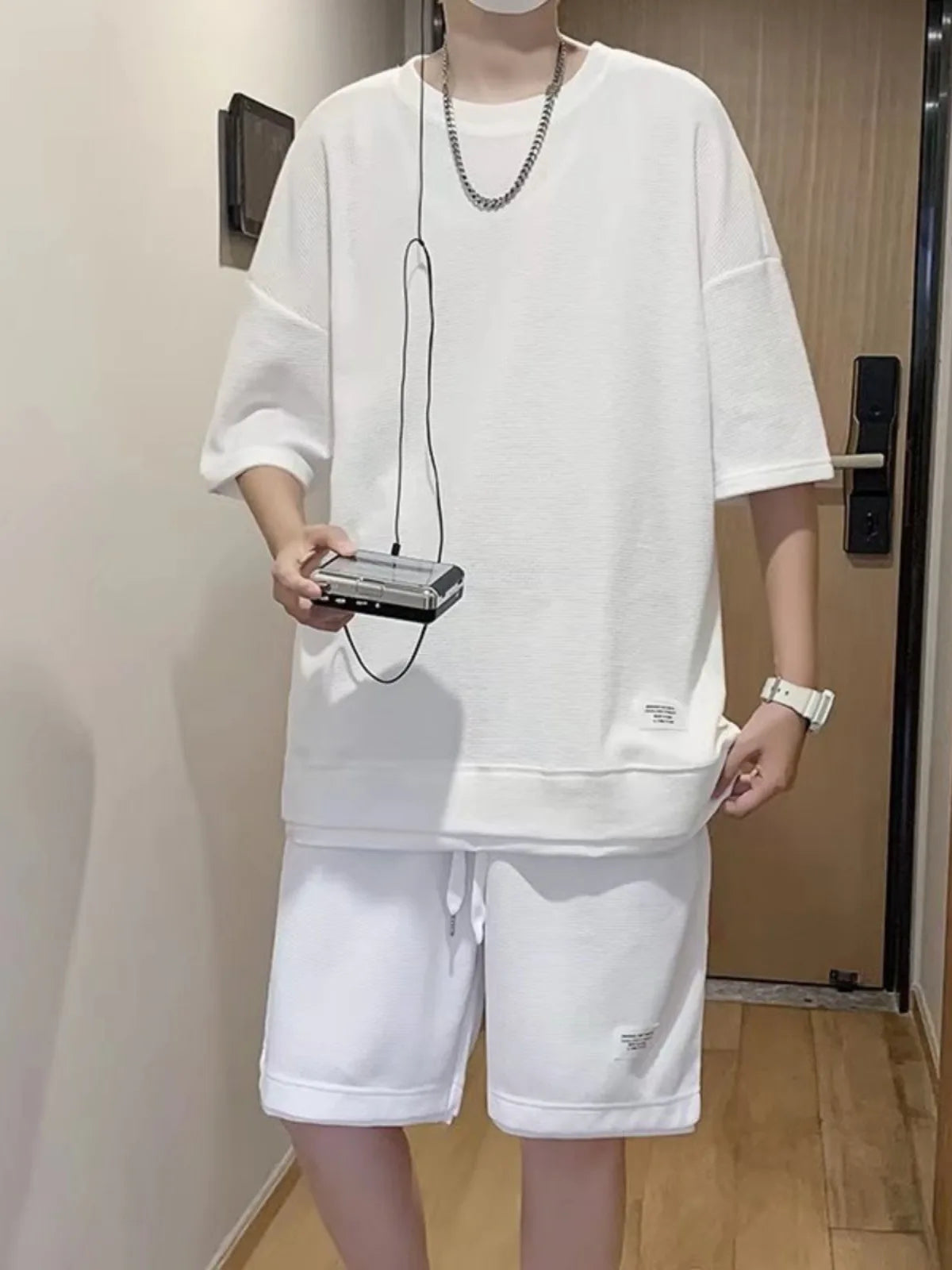 New Summer Men Waffle Sets Casual T-Shirt and Shorts Set Male Sports Suit Solid Color Tracksuit Loose Suits Size 5XL