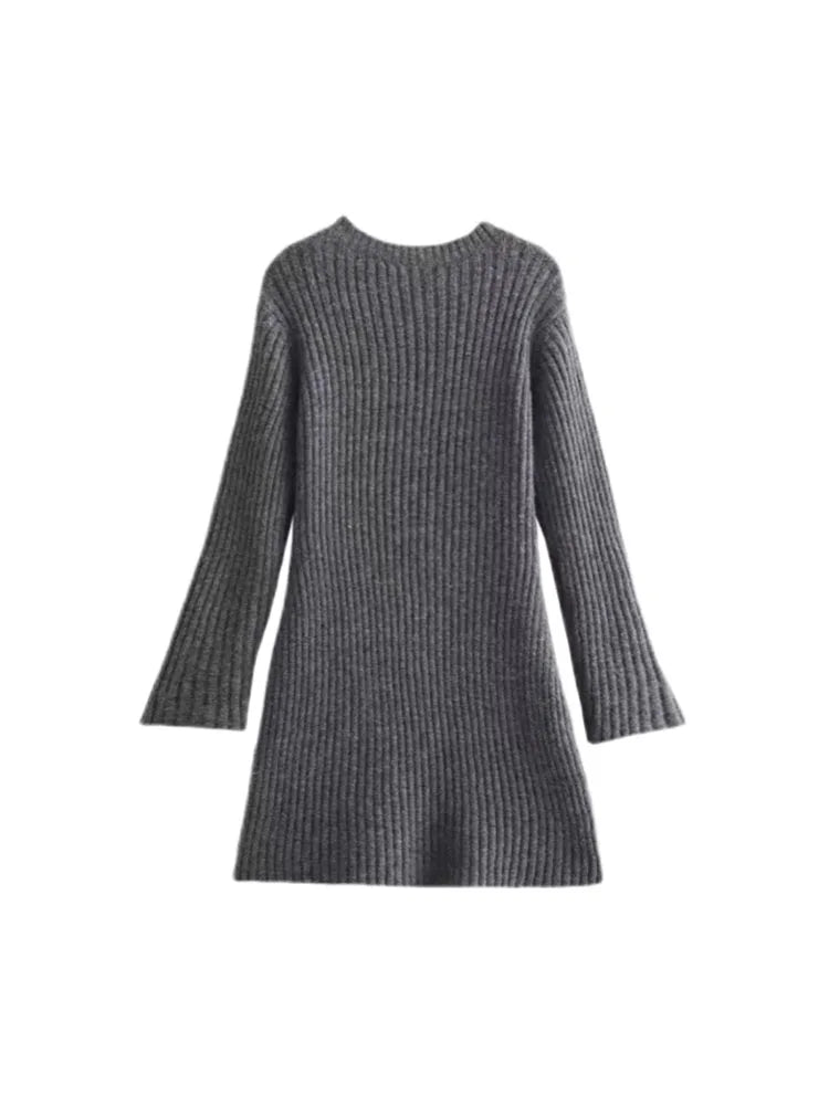 TRAF Women Knitted Dress 2023 Autumn Winter Women Elegant Solid Ribbed Mini Dresses For Women Long Sleeve Party Dresses