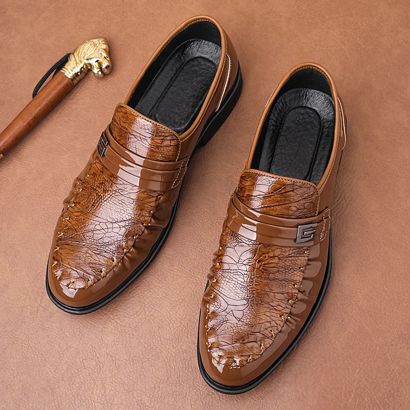 Men's Brown Crocodile Pattern Dress Shoes Patent Leather Slip-on Loafers Formal Business Wedding Oxfords for Men