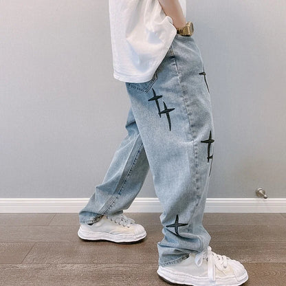 Prints Jeans Men  New Streetwear Baggy Wide Leg Jeans Korean Fashion Drapes Straight Casual Loose Denim Cargo Pants