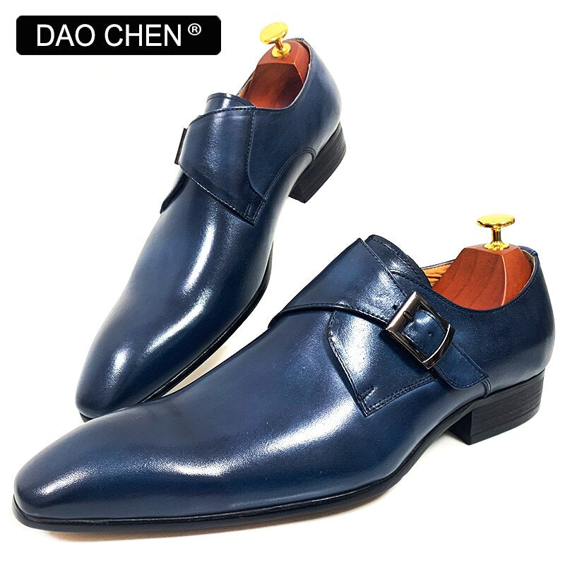 DAOCHEN MEN LEATHER SHOES BLACK BLUE MONK STRAP LOAFERS SLIP ON LUXURY BRAND CASUAL MENS DRESS SHOES WEDDING OFFICE MEN&#39;S SHOES