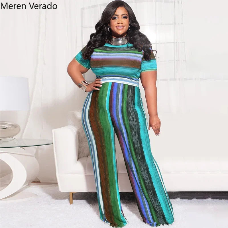 Meren Verado Plus Size Women Sweatsuit Striped Print Short Sleeve T-Shirt And Wide Leg Pants Matching Two 2 Piece Set Summer