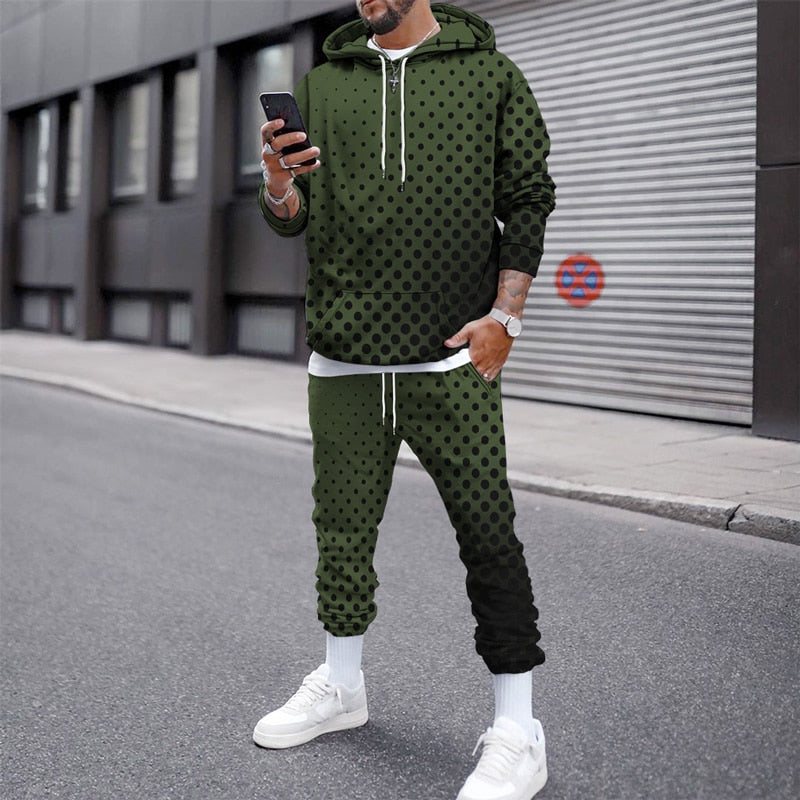 Spring and Autumn Men&#39;s simple classic grey Polka Dot 3Dprinted sports hoodie suit casual breathable trousers tracksuit clothing