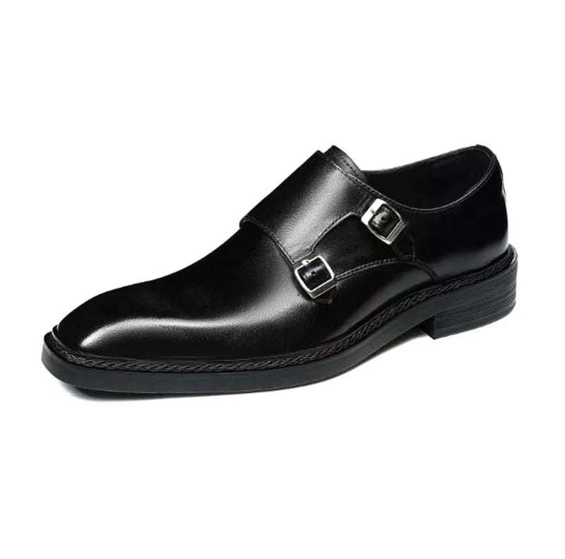 High-end Cowhide Leather Shoes For Men Square Toe Double Monk Strap Shoes Mens Dress Shoes Slip On Business Formal Shoes