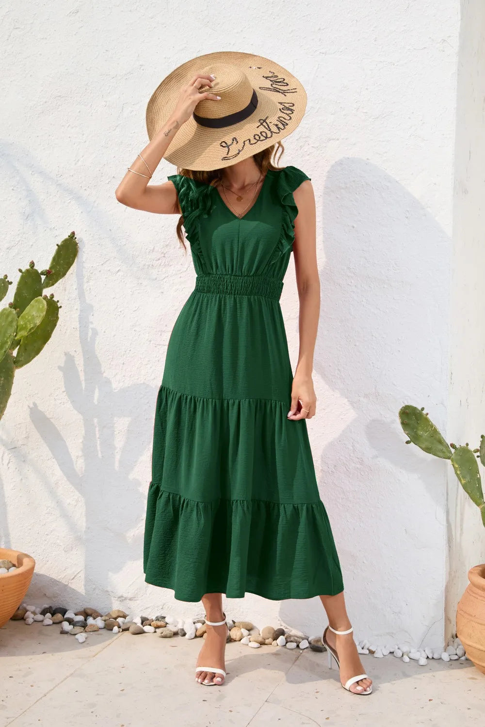 Summer Woman Dress V Neck Sleeveless Red Dresses High Waist A Line Green Maxi Dress Tiered Skirt Boho Black Casual Dress