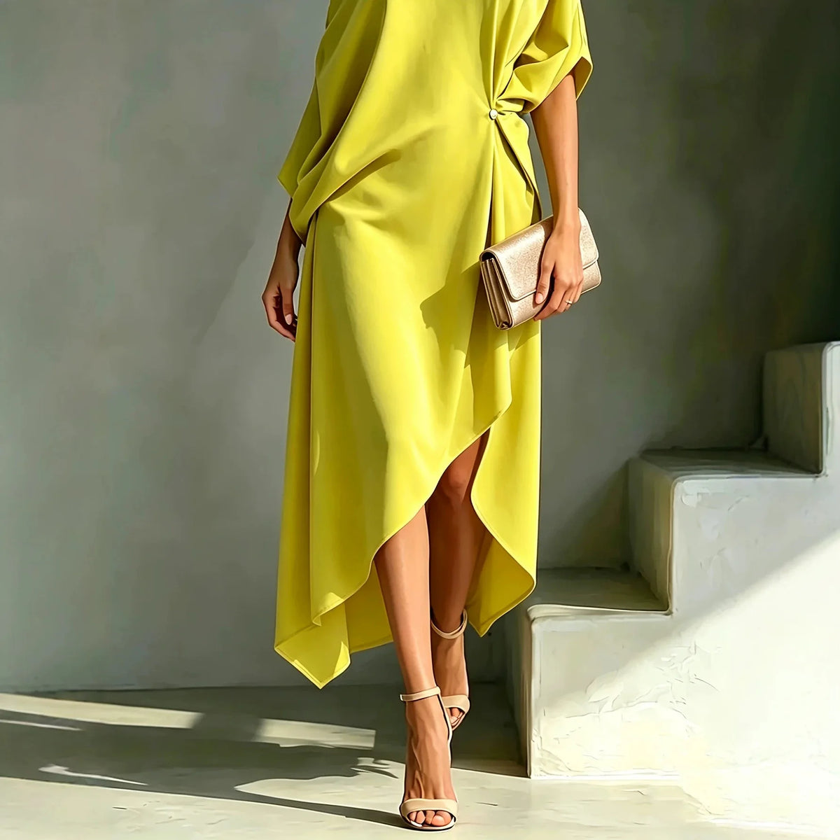 One Shoulder Midi Dress Asymmetrical Hem Waist Knot 3/4 Sleeve Draped Formal Evening Elegant Color Cocktail Dress for Women