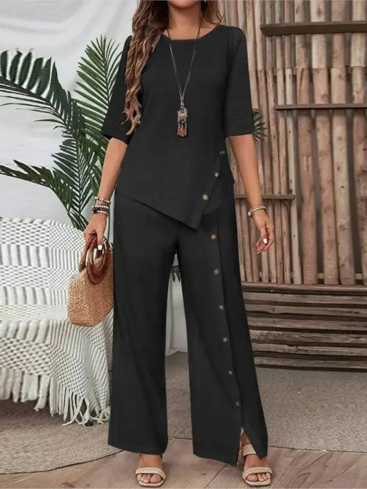 Women's Irregular Hem Trousers Set Summer Elegant Fashion Casual Button Short-sleeved Shirt Loose Casual Trousers Two-piece Set