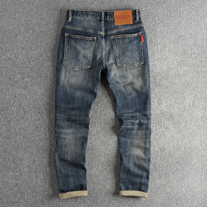 Waist Printed Retro Denim Jeans Men Clothes Cargo Pants Washed Distressed Trousers Roll Up Fashion Casual Wear Straight Oversize