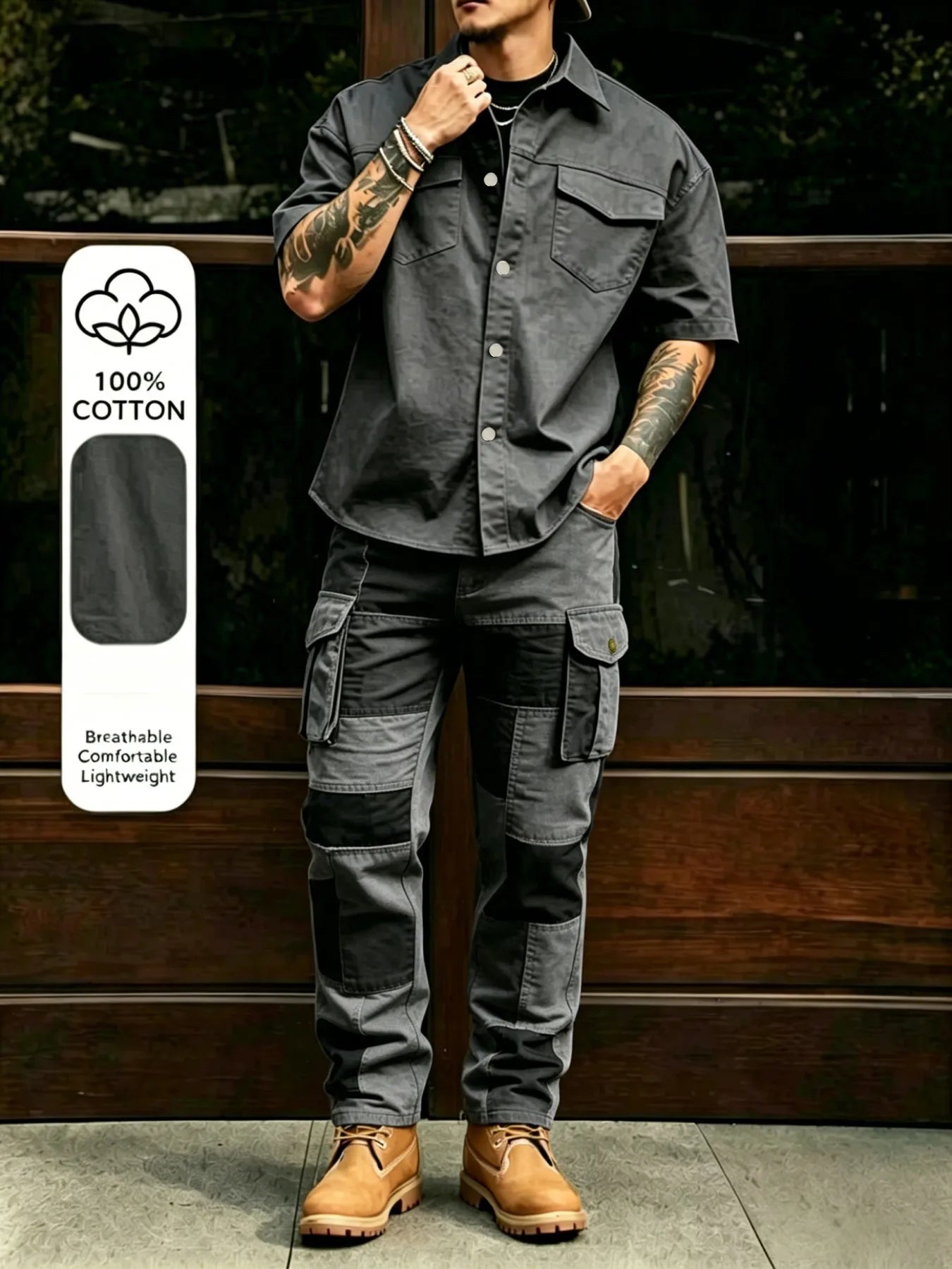 Men's Casual Workwear 100% Cotton Multi-Pocket Short-Sleeved Shirt Pants Set Male Cargo Overalls Streetwear Short Sleeve Button