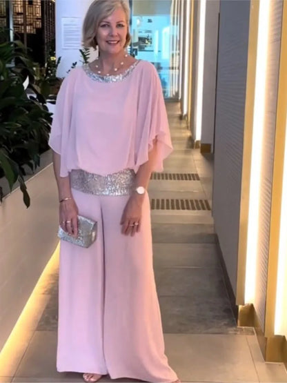 Spring Autumn Women's Clothing New Set Round Neck Fashion Glitter Color Blocked Bat Shirt Wide Leg Pants Set For Women