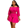 CM.YAYA Plus Size Women's Set Long Sleeve Slash Neck T-Shirt and Shorts  Summer Ruched Two 2 Piece Set Outfits Tracksuit