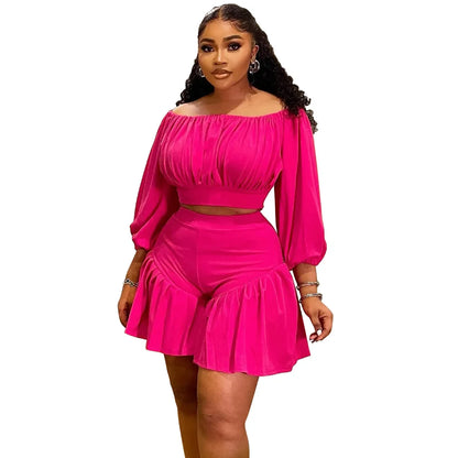 CM.YAYA Plus Size Women's Set Long Sleeve Slash Neck T-Shirt and Shorts  Summer Ruched Two 2 Piece Set Outfits Tracksuit