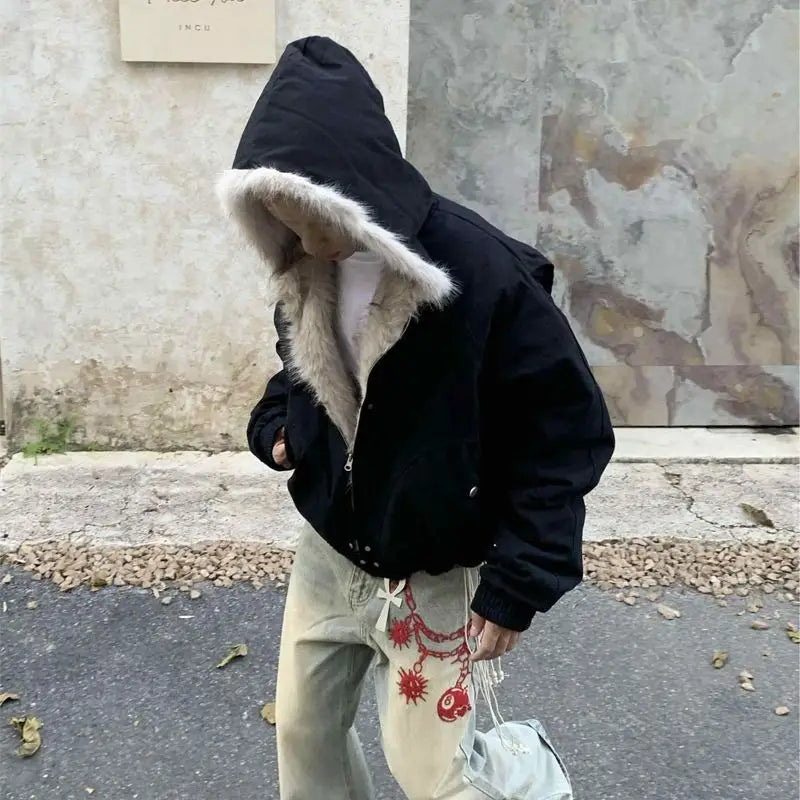 American Retro Woolen Collar Hooded Cotton Jacket Winter Thick Plush Top Men Street Hip-Hop Gothic Harajuku Oversize Jacket Coat