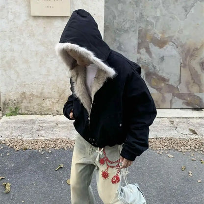 American Retro Woolen Collar Hooded Cotton Jacket Winter Thick Plush Top Men Street Hip-Hop Gothic Harajuku Oversize Jacket Coat