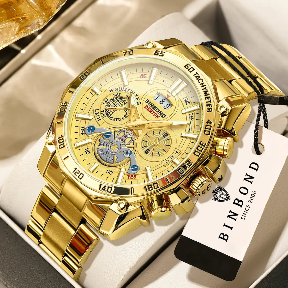 BINBOND Luxury Quartz Watches For Men Luminous Waterproof Auto Date Precise Durable Men's Watch Sports & Business Fashion Reloj in gold.