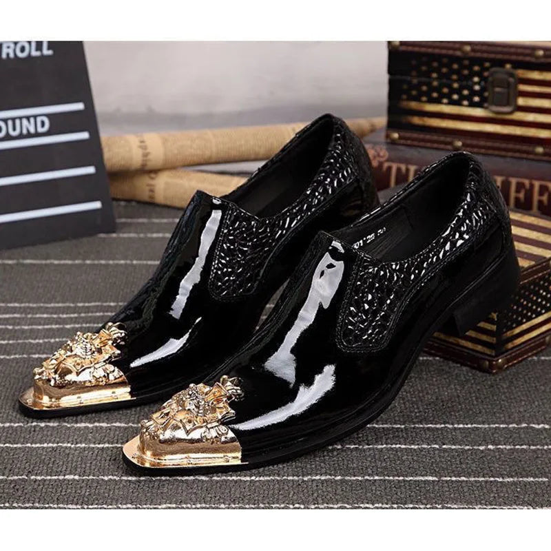 2025 Western Fashion Pointed Metal Toe Dress Shoes Blue Grey Party Wedding Leather Shoes for Men
