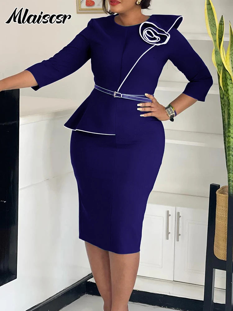 Mlaiscsr Fashion African Mid Dresses with Belt Women 3D Flowers 3/4 Sleeve O-neck Party Evening Office Lady Bodycon Vestidos