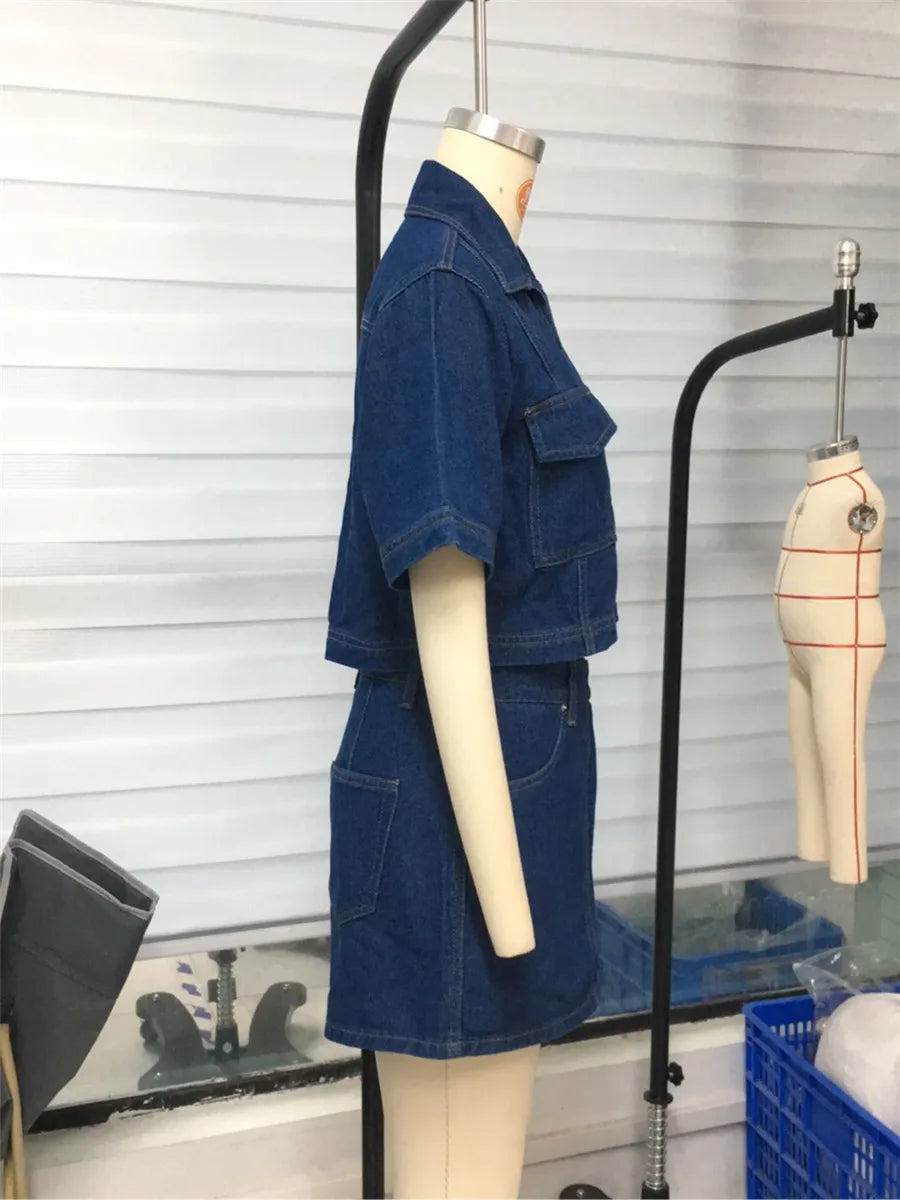 Women’s 2 Piece Denim Outfits Summer Short Sleeve Lapel Jean Pullover Tops and Asymmetrical Shorts Set for Streetwear Grunge Y2K