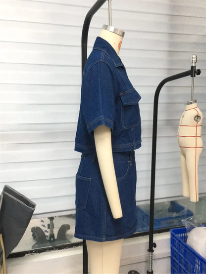 Women’s 2 Piece Denim Outfits Summer Short Sleeve Lapel Jean Pullover Tops and Asymmetrical Shorts Set for Streetwear Grunge Y2K