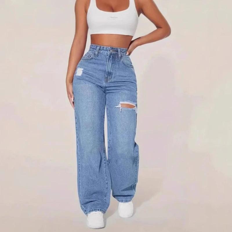 Mom Jeans Women Denim Pant Wide Leg Long Pants Hole High Waist Straight Trousers Y2k Streetwear Work Splice Casual  Punk
