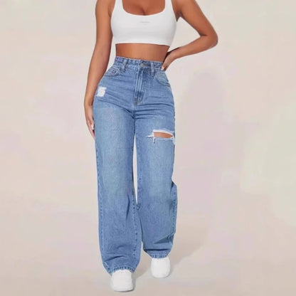 Mom Jeans Women Denim Pant Wide Leg Long Pants Hole High Waist Straight Trousers Y2k Streetwear Work Splice Casual  Punk