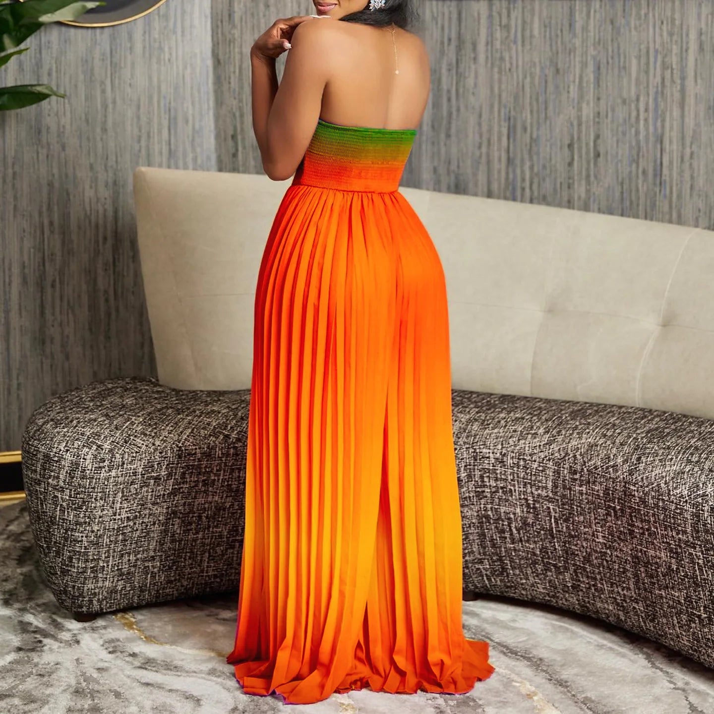 CM.YAYA Women Gradient Sleeveless Pleated Strapless Wide Leg Long Jumpsuits 2024 Summer Beach Fashion Street Sexy Outfit Rompers