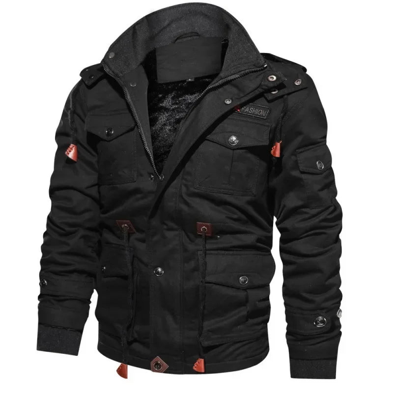 Men Fleece Fur Lined Thick Mid-Length Cotton Jacket Long Sleeve Autumn Winter Casual Jackets