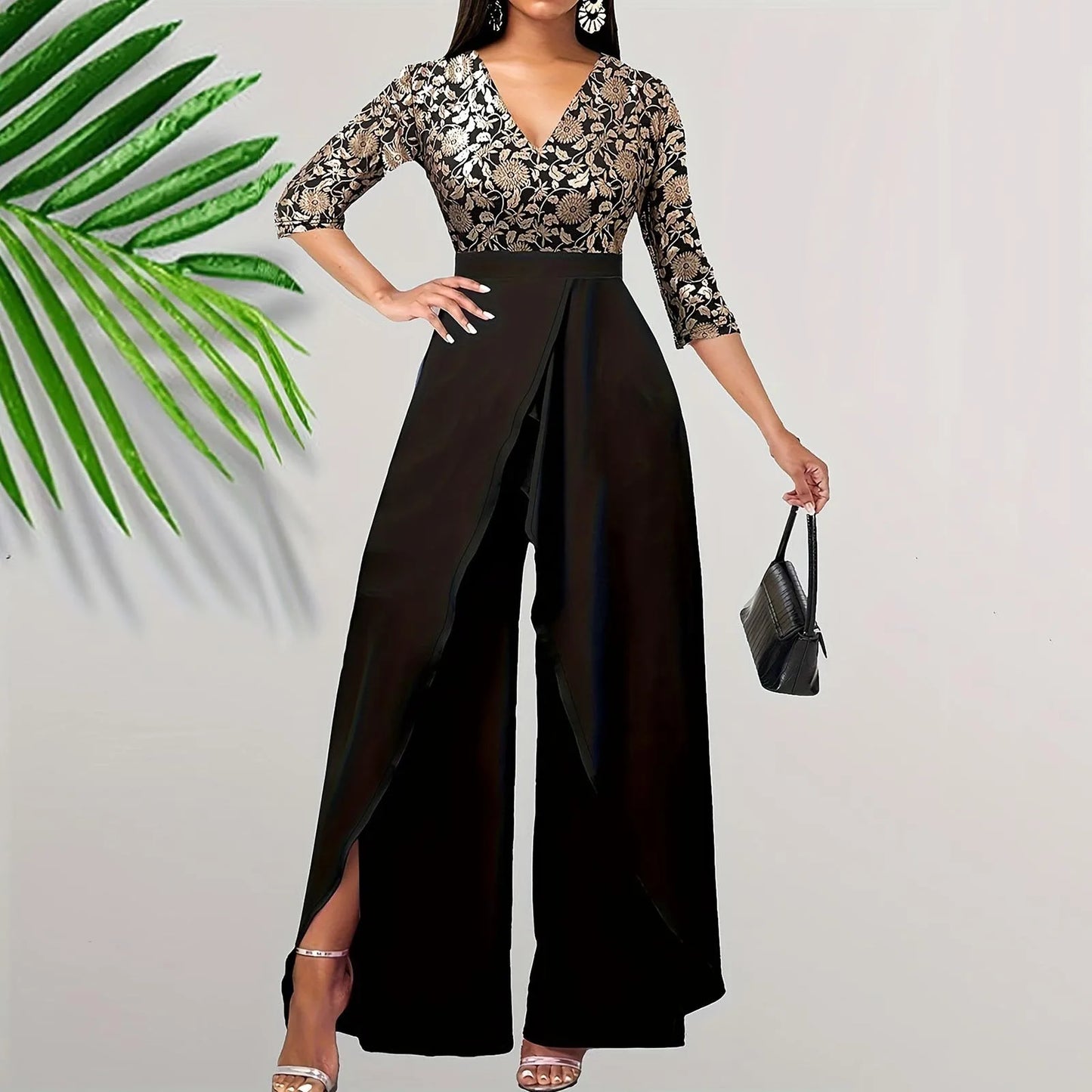 Women'S Jumpsuit Fashionable Casual Elegant Printed High Waisted Three Quarter Sleeve Slit Trousers Jumpsuit For Lei Overalls