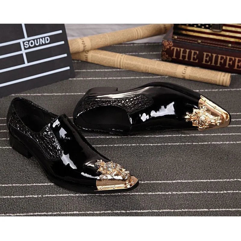 Italienischer Stil Herren Business Schuhe Schwarz Metall Spitz Zehen Schlangenmuster Echtes Leder Schuhe Party Schuhe Herren Flach