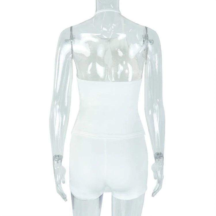 Stylish Lady White Hollow Out 2 Piece Set Women Halter Backless Tops and Irregular Mini Skirts Suits  Summer Elegant Outfits