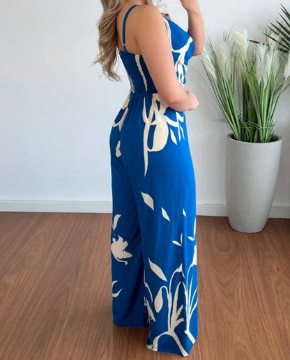 Summer New Fashion Casual Woman Long Jumpsuits Elegant Sexy Tropical Print Sleeveless Wide Leg Jumpsuit