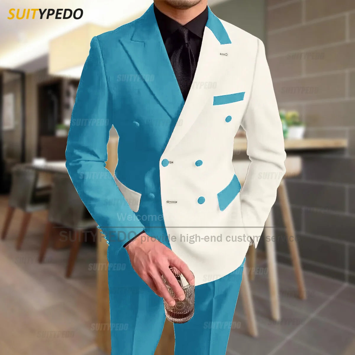 Fashion Black Ivory Splicing Men Suit Casual Party Classic Double Breasted Jacket Evening Dinner Elegant Blazer Pants Outfits