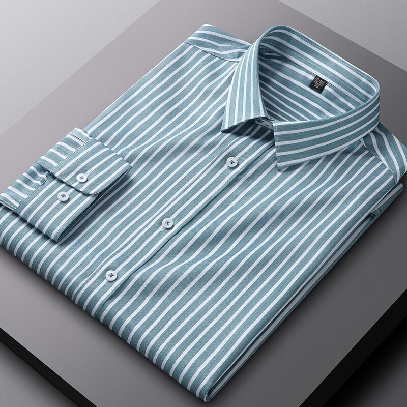 High Quality Stripe Stretch Anti-Wrinkle Non-iron Men Shirts Long Sleeve Dress Shirts Male Slim Social Business Casual Shirt