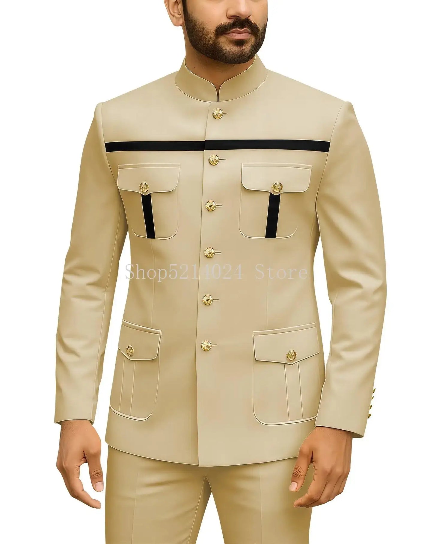 Herren Safari-Anzug 2-teilig Regular Fit Chinakragen Goldknopf Blazer Hose Set Afrikanische Outfits