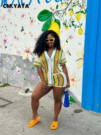 CM.YAYA Women's Set Striped Knitted Short Sleeve Button Shirt and Shorts  Summer Two 2 Piece Set Outfit Ribbed Tracksuit