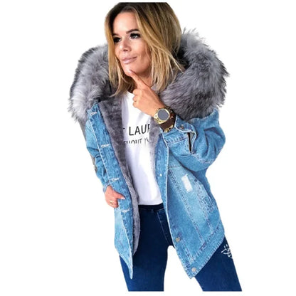Autumn Women Fashion Denim Coats Retro Big Fur Collar Denim Jacket Temperament Hole Distressed Stitching Jackets Coat