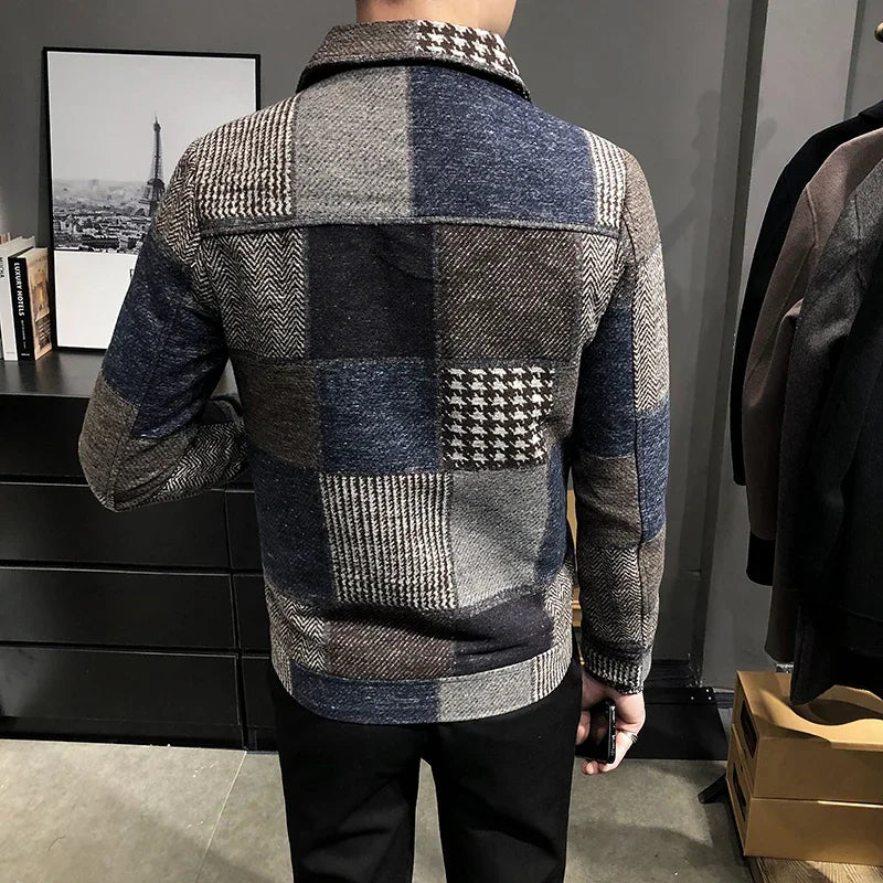 2023 Autumn and Winter Fashion New Men's Casual Lapel Hoodless Jacket / Male Slim Plaid Woolen Coat