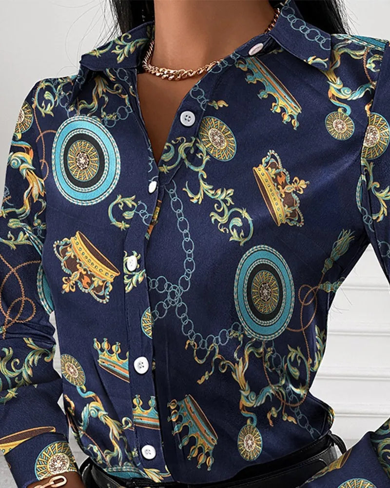 Spring Summer Women's Clothing New Fashion Printed Women's Shirt Casual Lapel Long Sleeved Single Breasted Shirt Women's Top