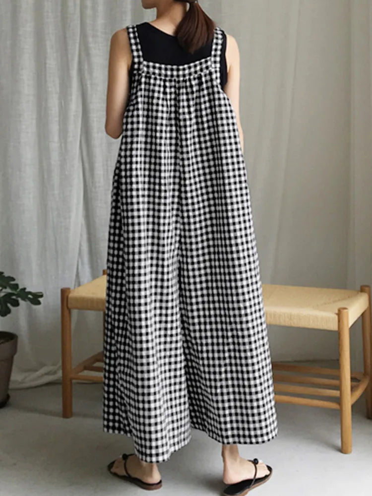 Celmia 2024 Vintage Wide Leg Pants Jumpsuits Fashion Women Plaid Playsuits Summer Bohemian Casual Sleeveless Trousers Overalls