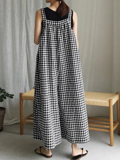 Celmia  Vintage Wide Leg Pants Jumpsuits Fashion Women Plaid Playsuits Summer Bohemian Casual Sleeveless Trousers Overalls