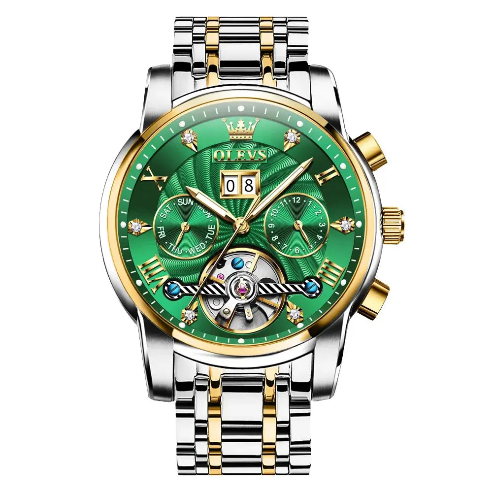 OLEVS Classic Men's Watches Tourbillon Multi-function Full Automatic Men Watch High end Male Wristwatches Mechanical Watch 9910 in gold and green design.