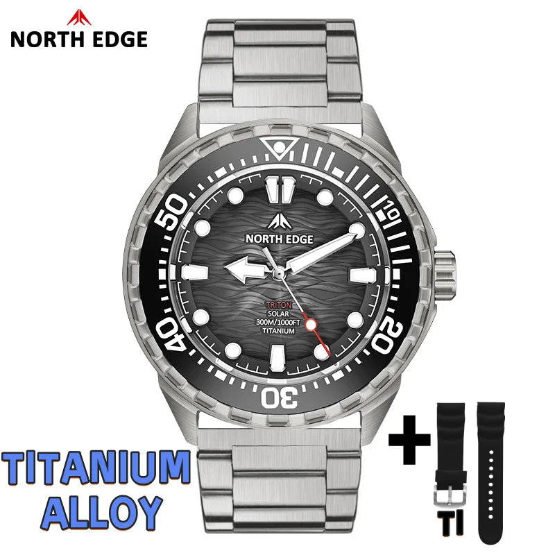 NORTH EDGE TRITON-TI Titanium Solar-Powered Diving Watch High Quality Quartz Watches for Man NEW 300M Waterproof Men Watch Reloj